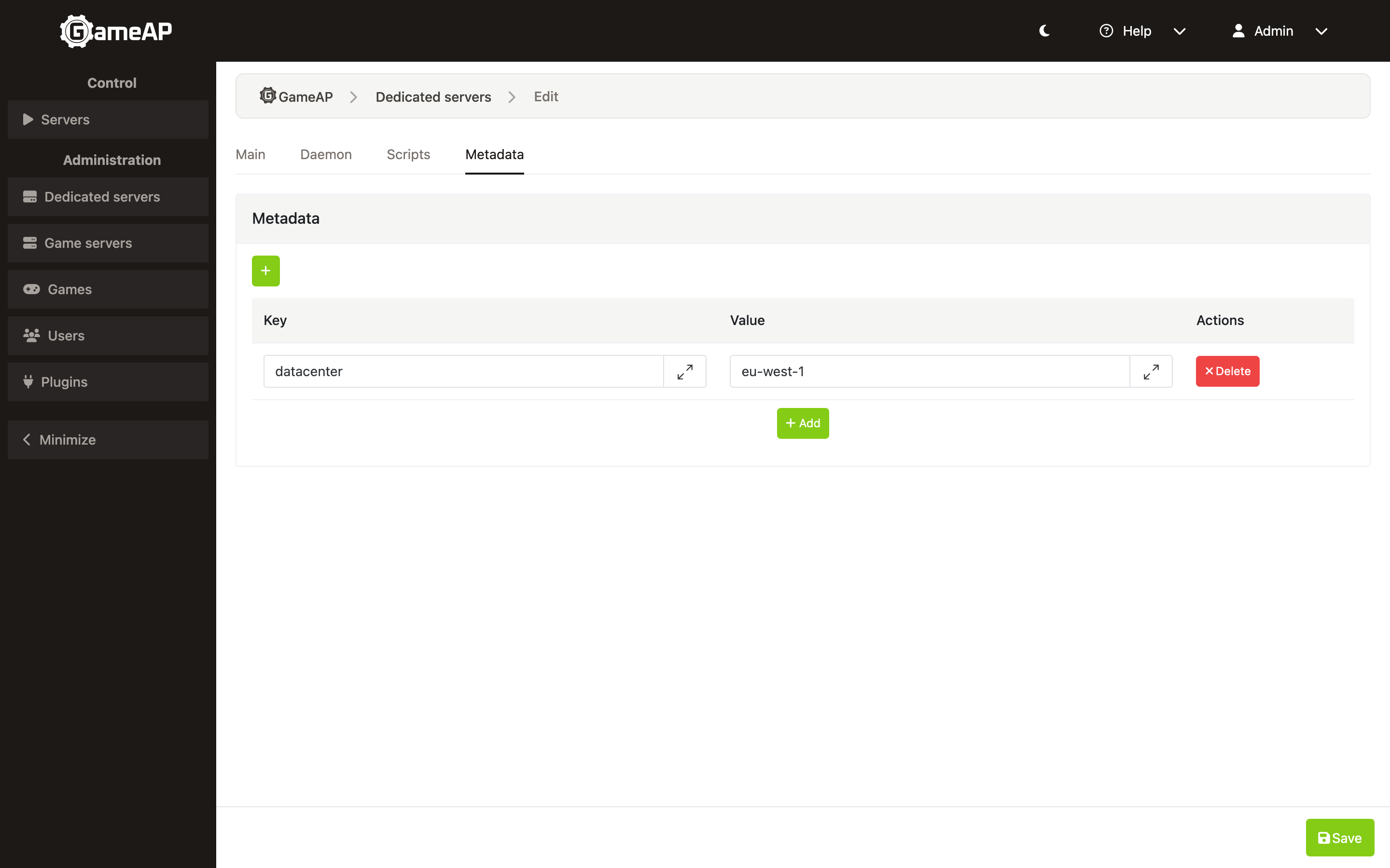 The Metadata tab of the dedicated server edit form with the datacenter key and its value