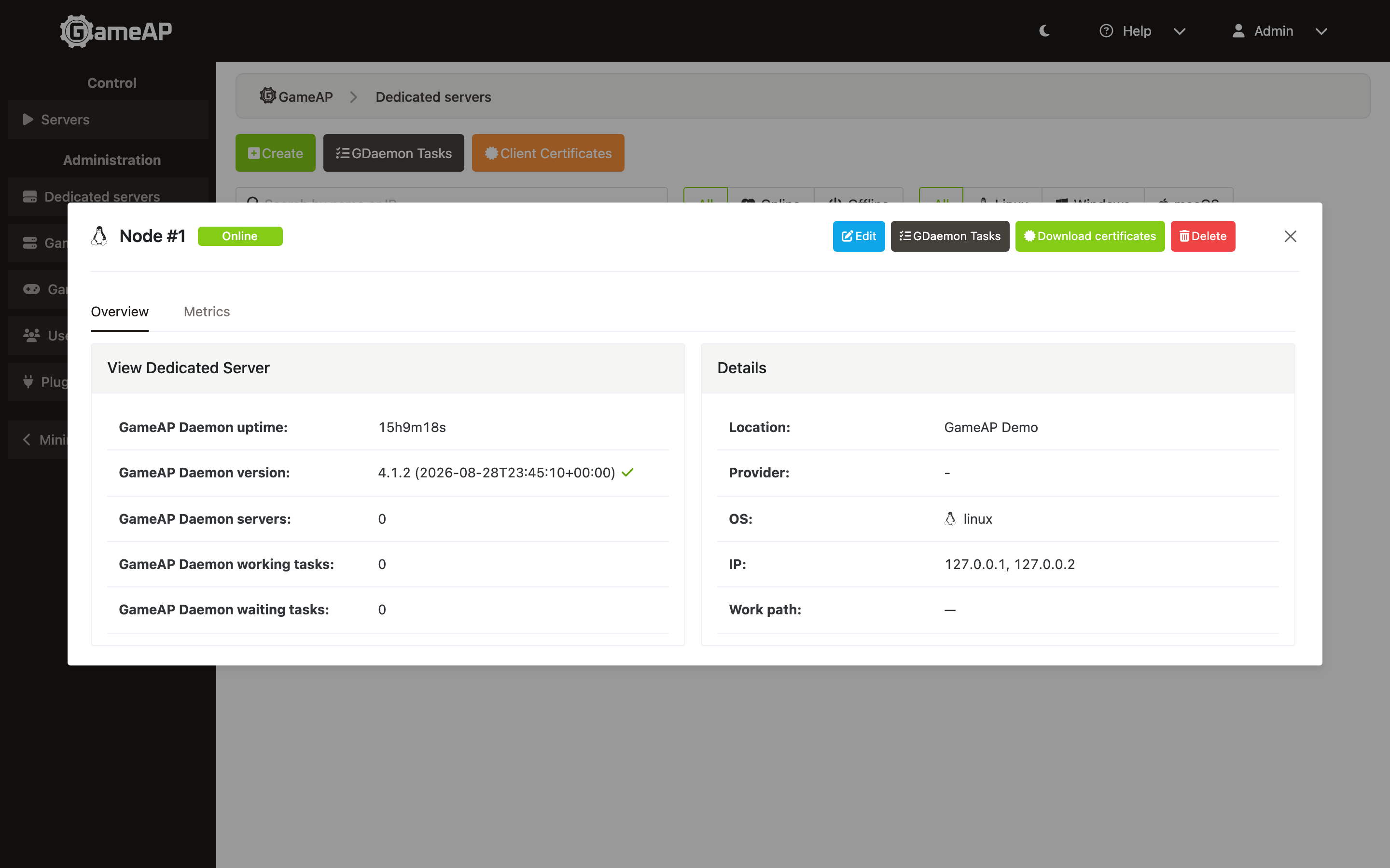 The Overview tab of the node details window, where the GameAP Daemon version is followed by a green check mark