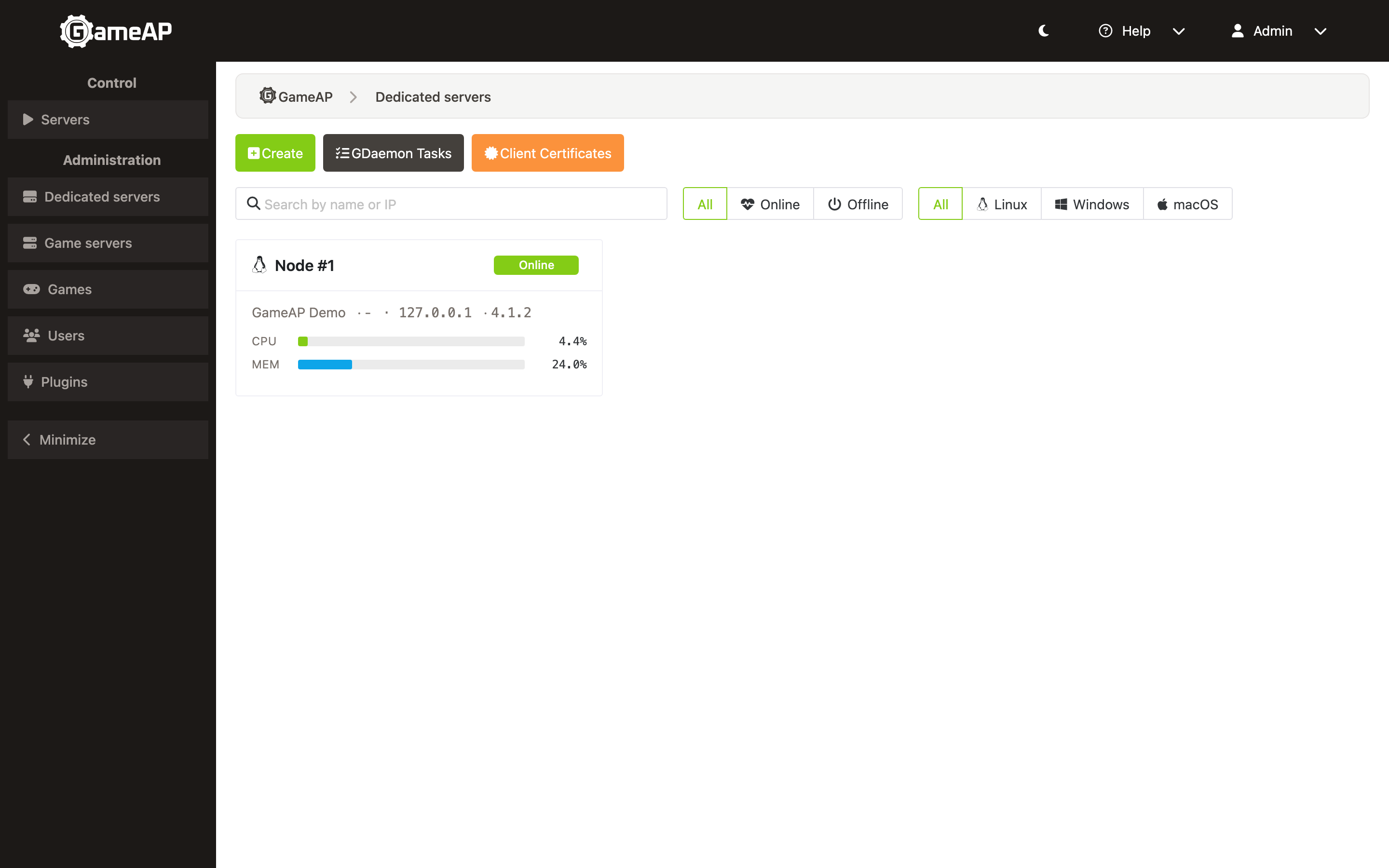 The Dedicated servers page with the Create, GDaemon Tasks and Client Certificates buttons above the node cards