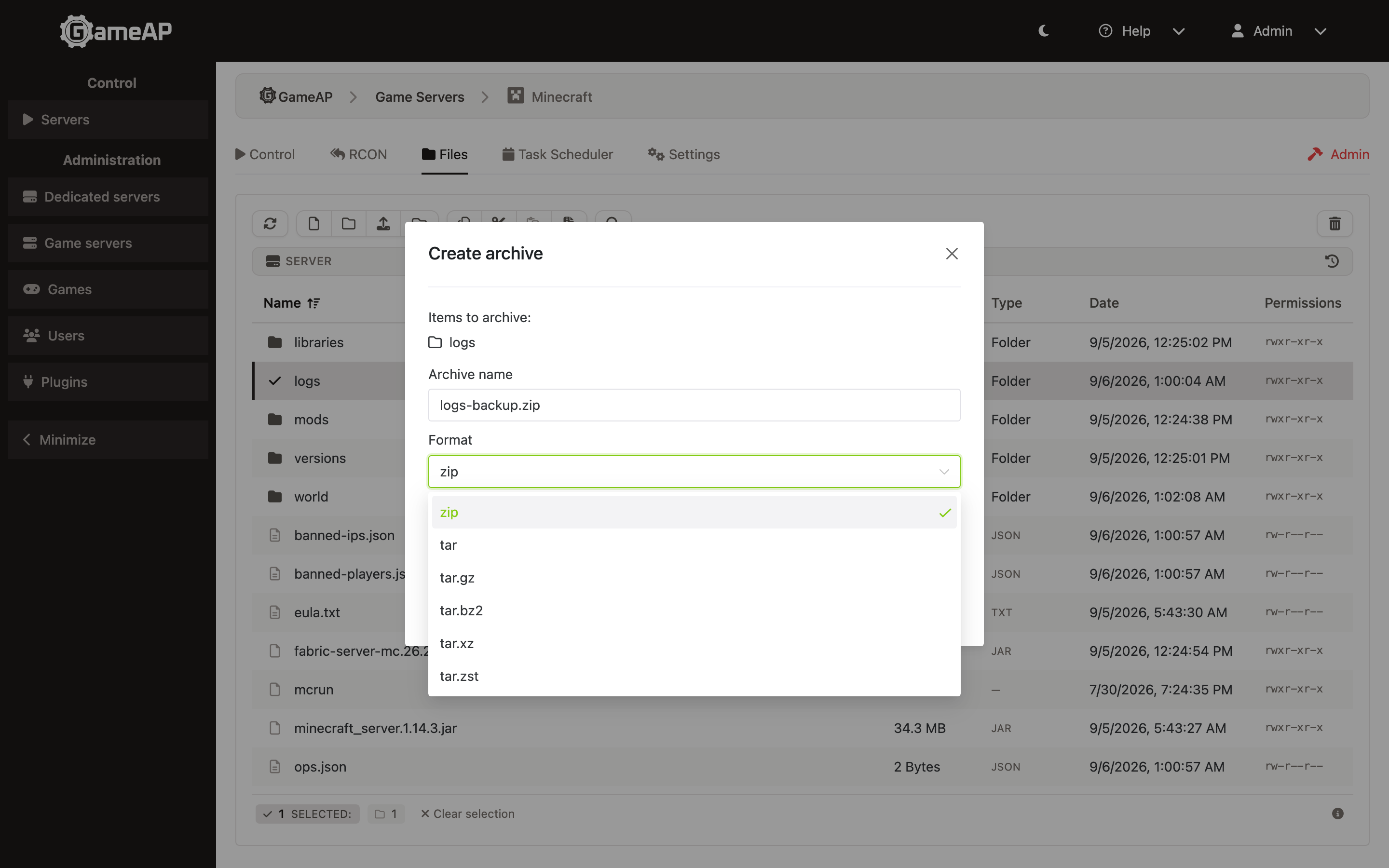 The Create archive dialog with the archive name filled in and the format list open