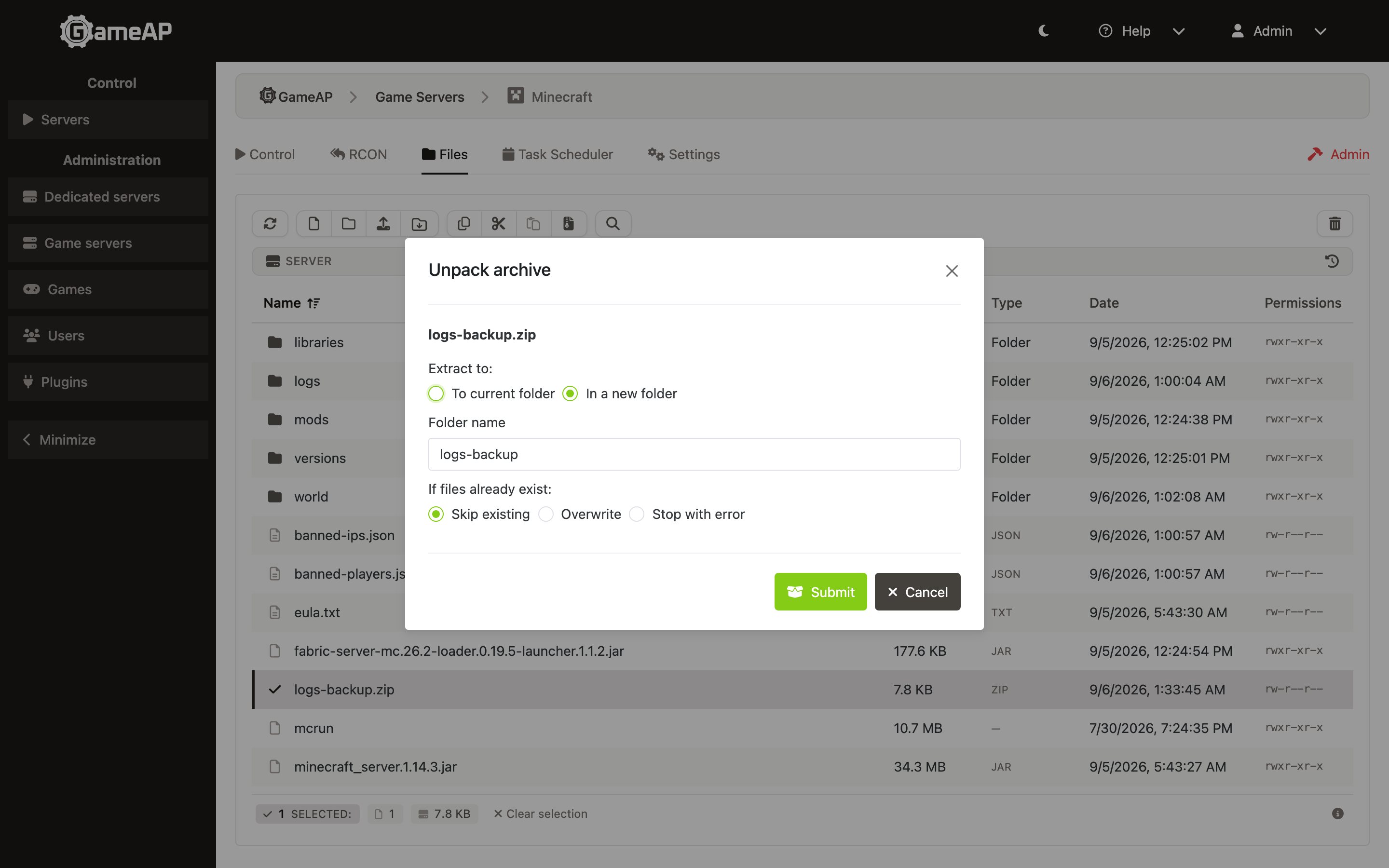 The Unpack archive dialog with the destination and the conflict options