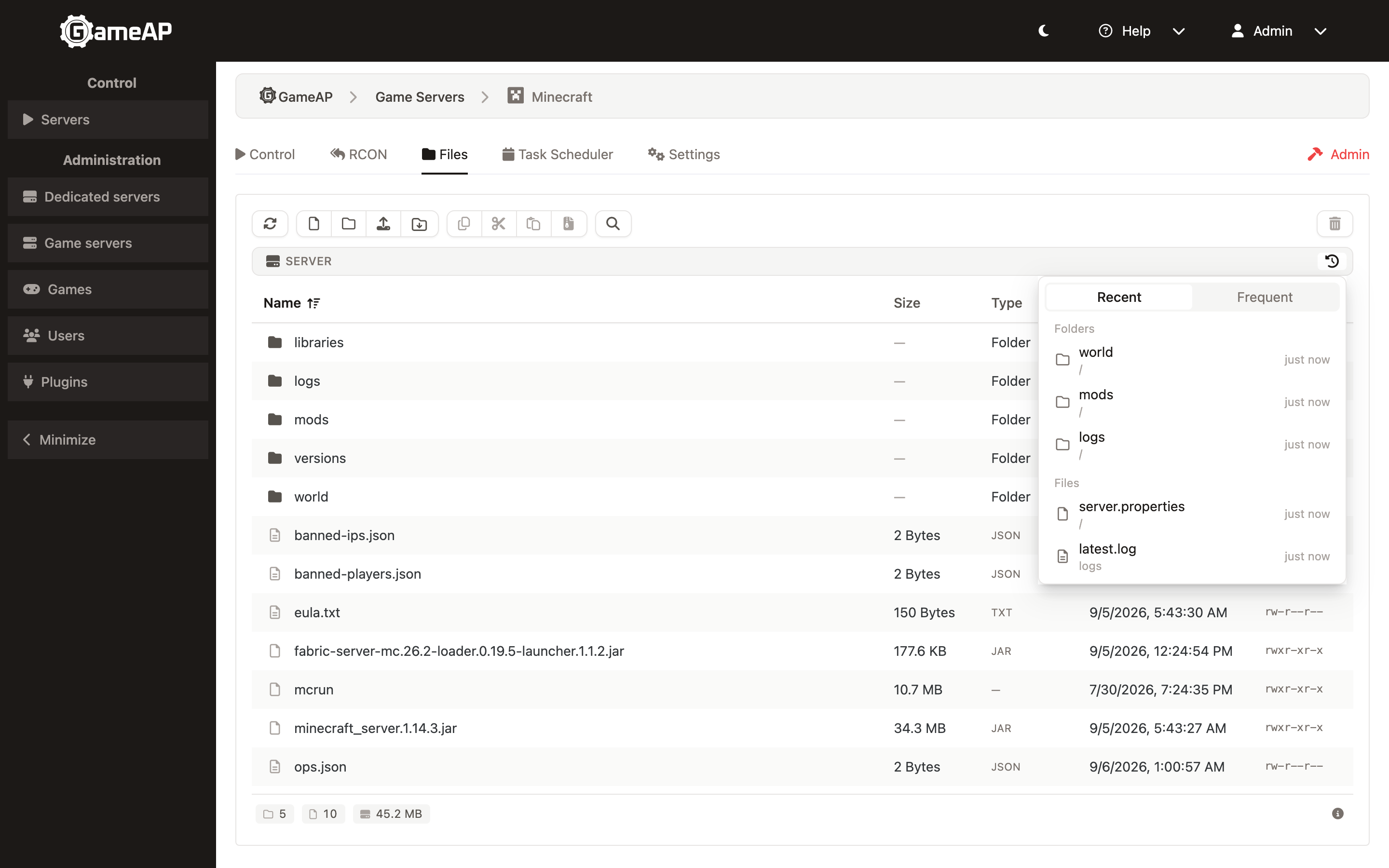 The History panel open on the Recent tab, listing recent folders and files