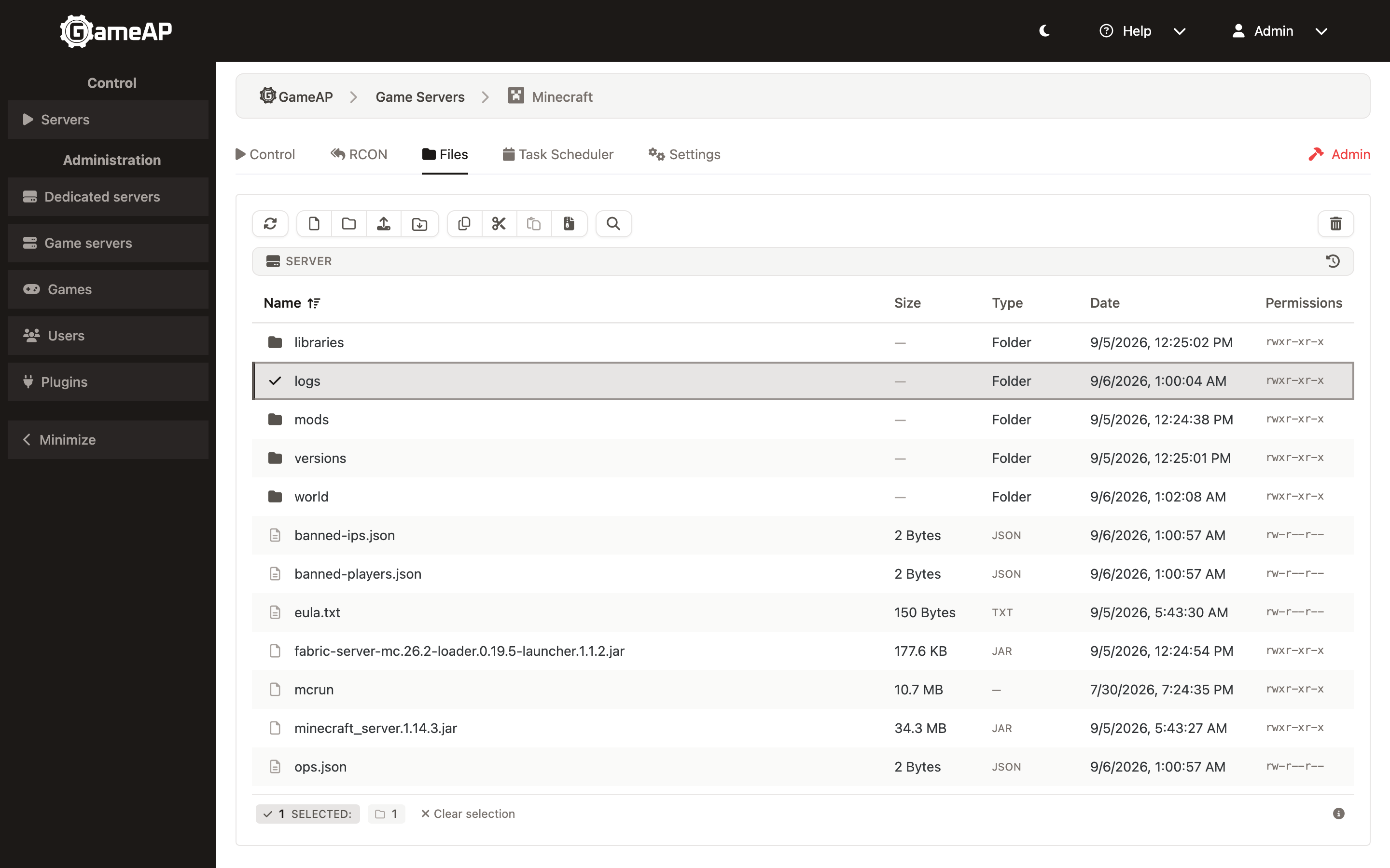 The file manager on the Files tab of a game server, with the toolbar above the file list