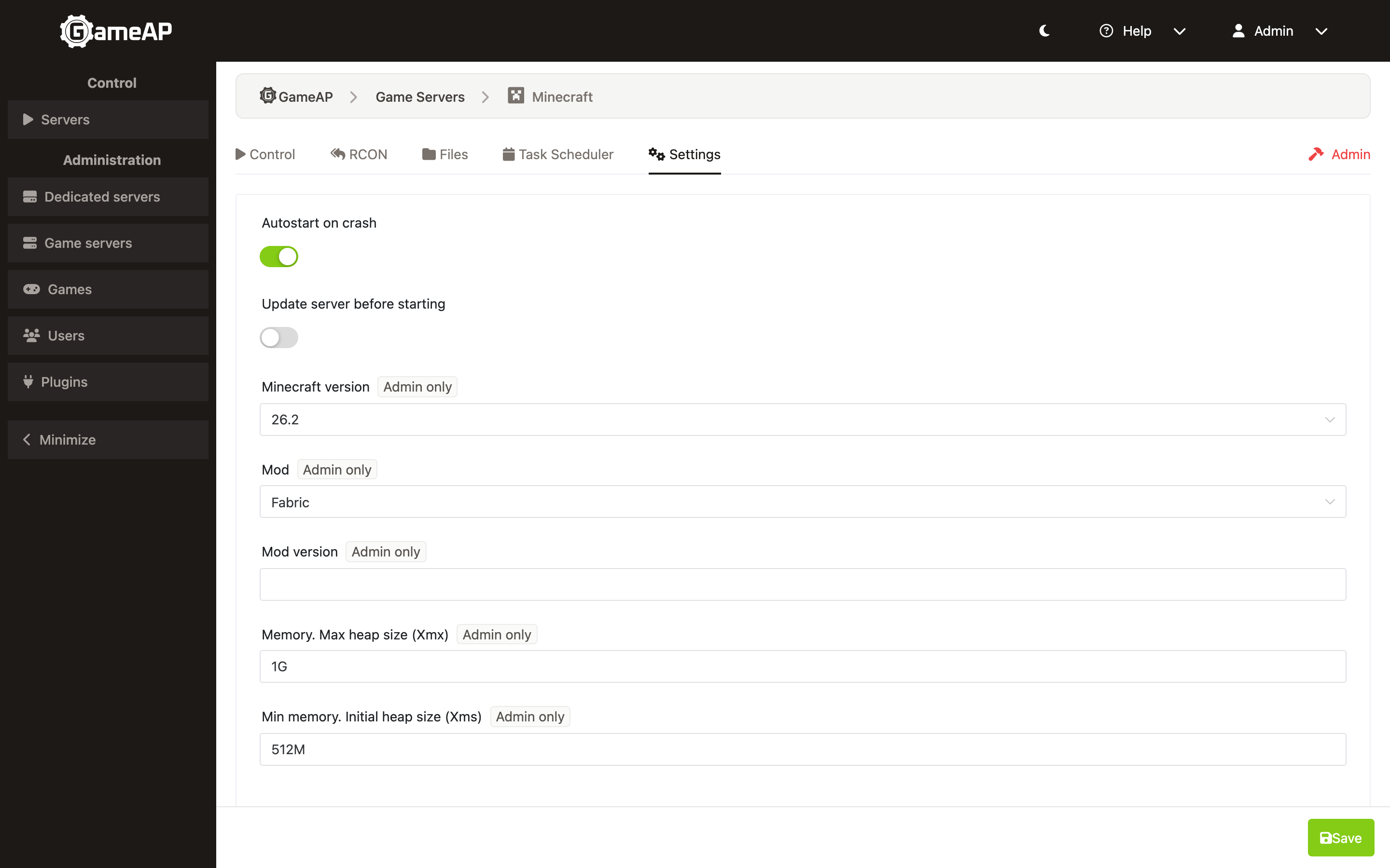 The Settings tab of a game server with the two built-in switches and the mod variables marked Admin only