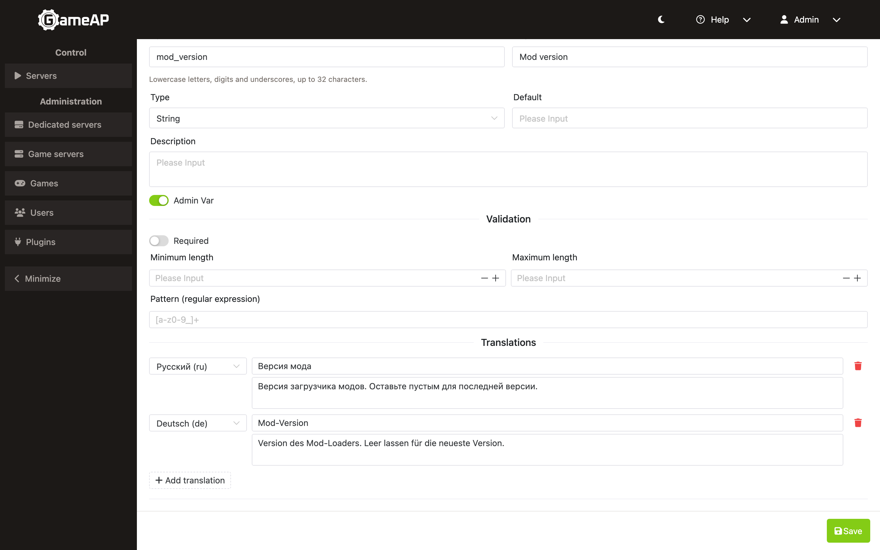 The Translations block of a variable with Russian and German translations of its Info and Description