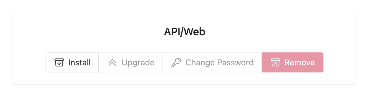 The API/Web card in the gameapctl interface with the Install, Upgrade, Change Password and Remove buttons