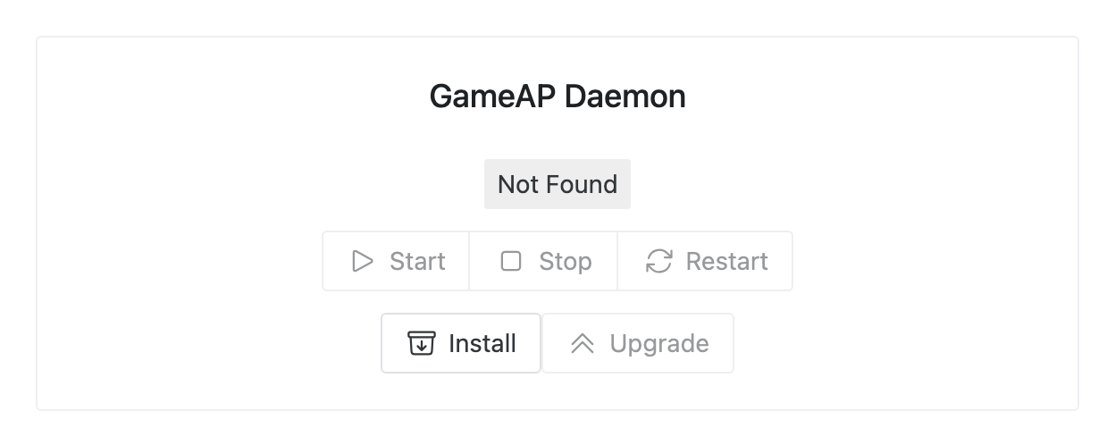 The GameAP Daemon card in the gameapctl interface with the Install and Upgrade buttons below Start, Stop and Restart