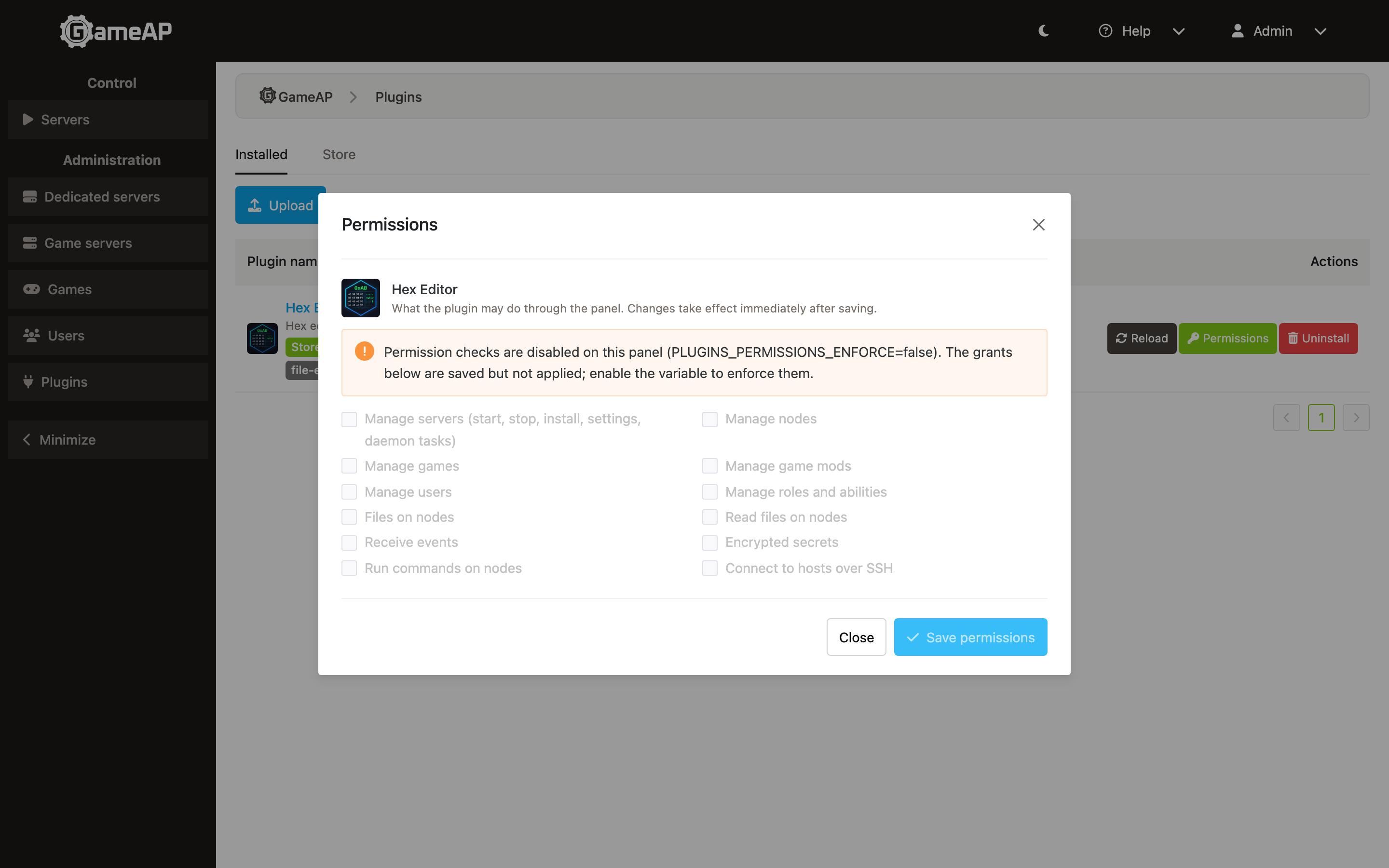 The Permissions dialog of a plugin: the permission checkboxes and a warning that permission checks are disabled on this panel