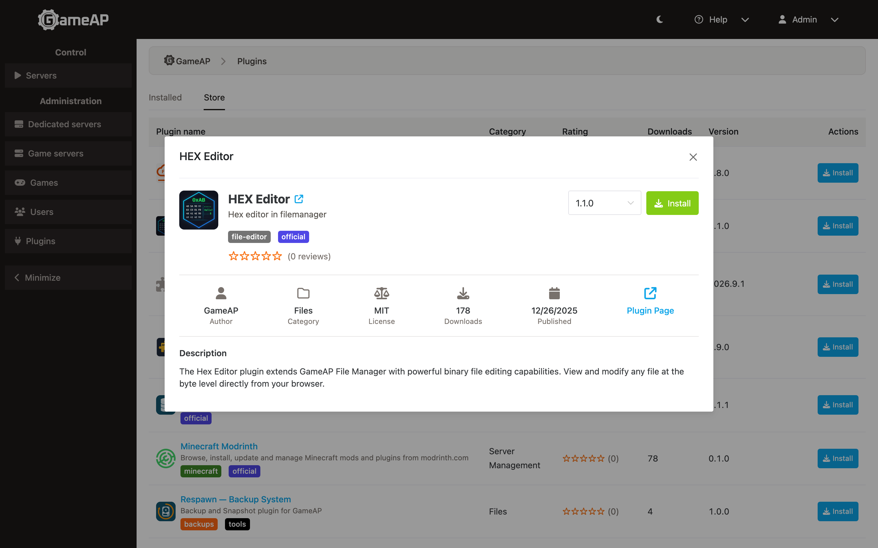 The plugin card on the Store tab with the description, author, license, version drop-down list and the Install button