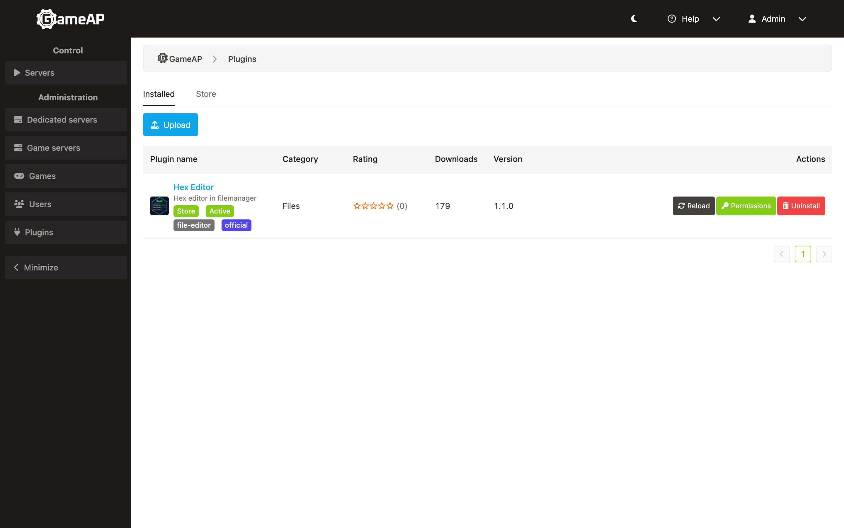 The Installed tab of the Plugins page: a plugin row with the source and status badges and the Reload, Permissions and Uninstall buttons