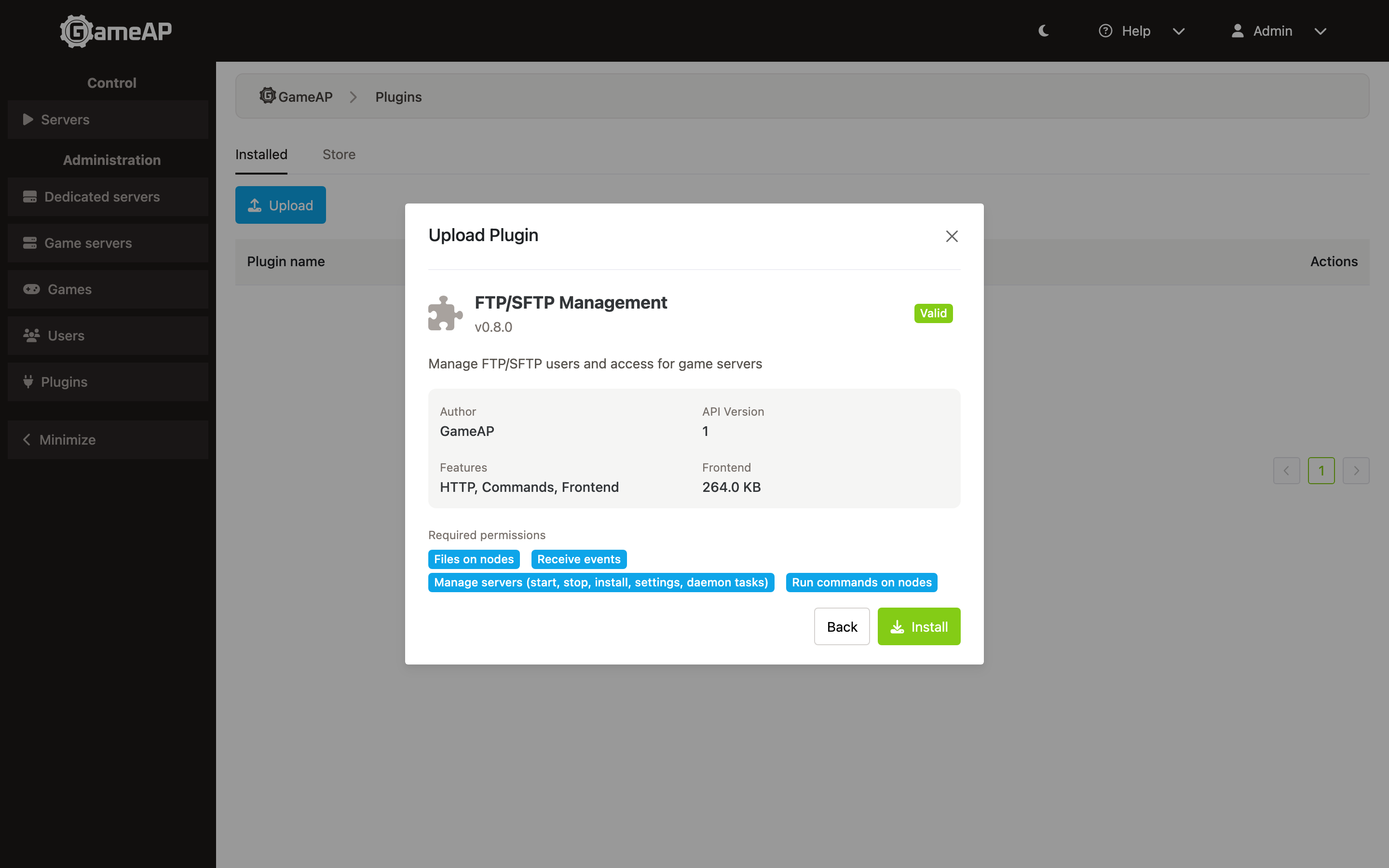 The Upload Plugin dialog after a successful check: the Valid badge, the plugin metadata, its features and the list of required permissions