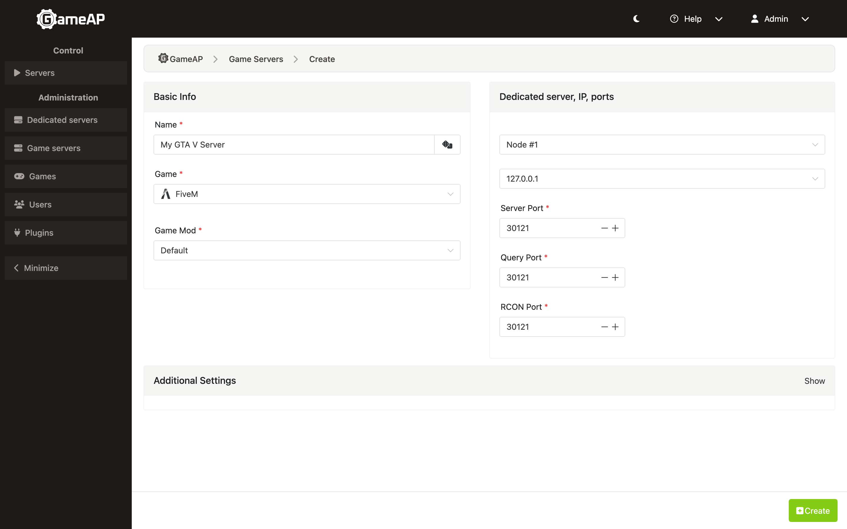 Create game server form for FiveM