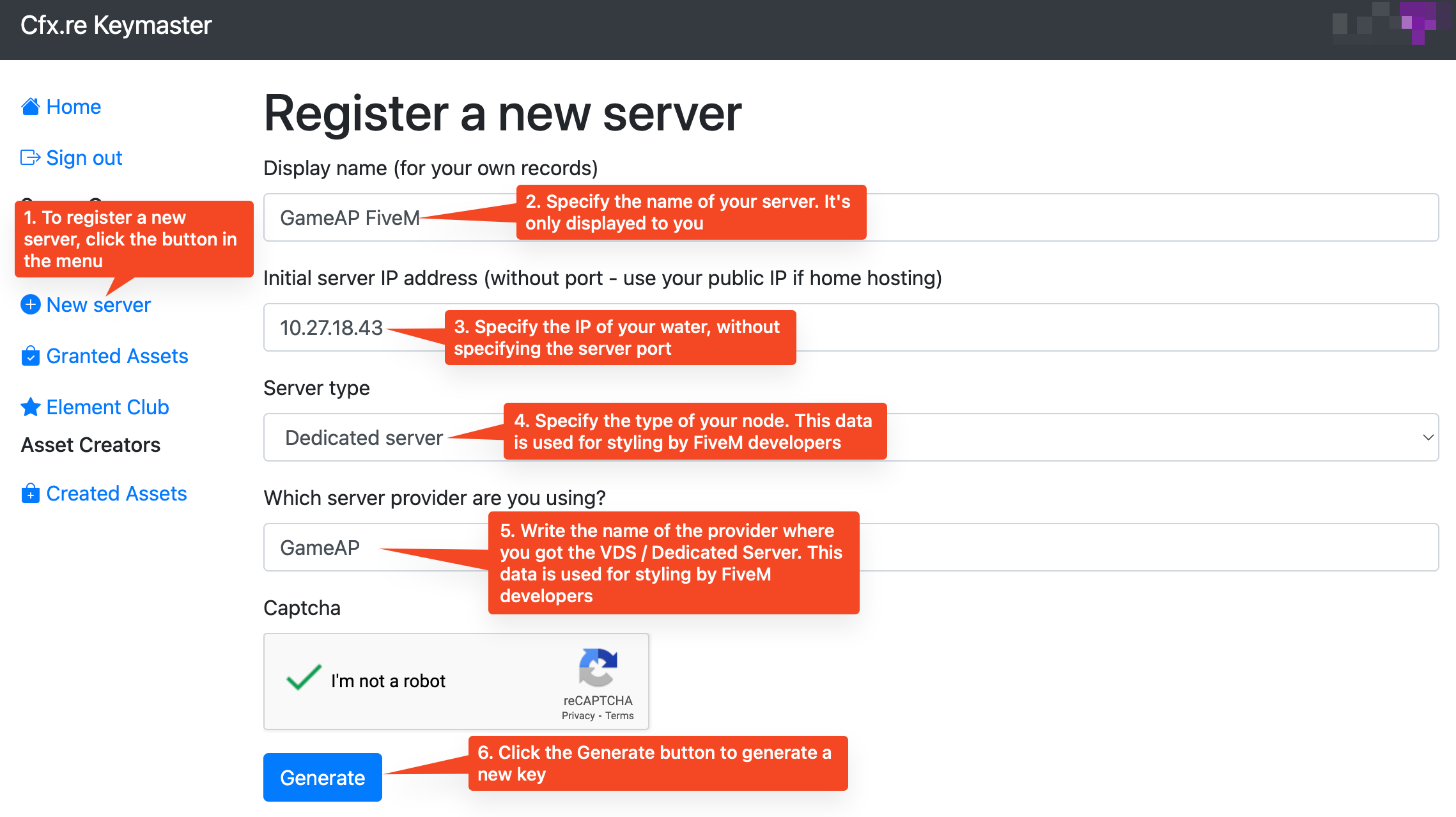 Creating a server key on keymaster.fivem.net