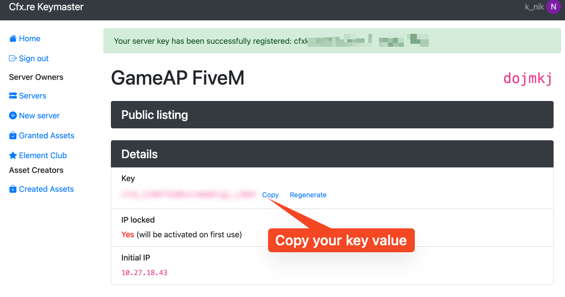 The generated FiveM server key