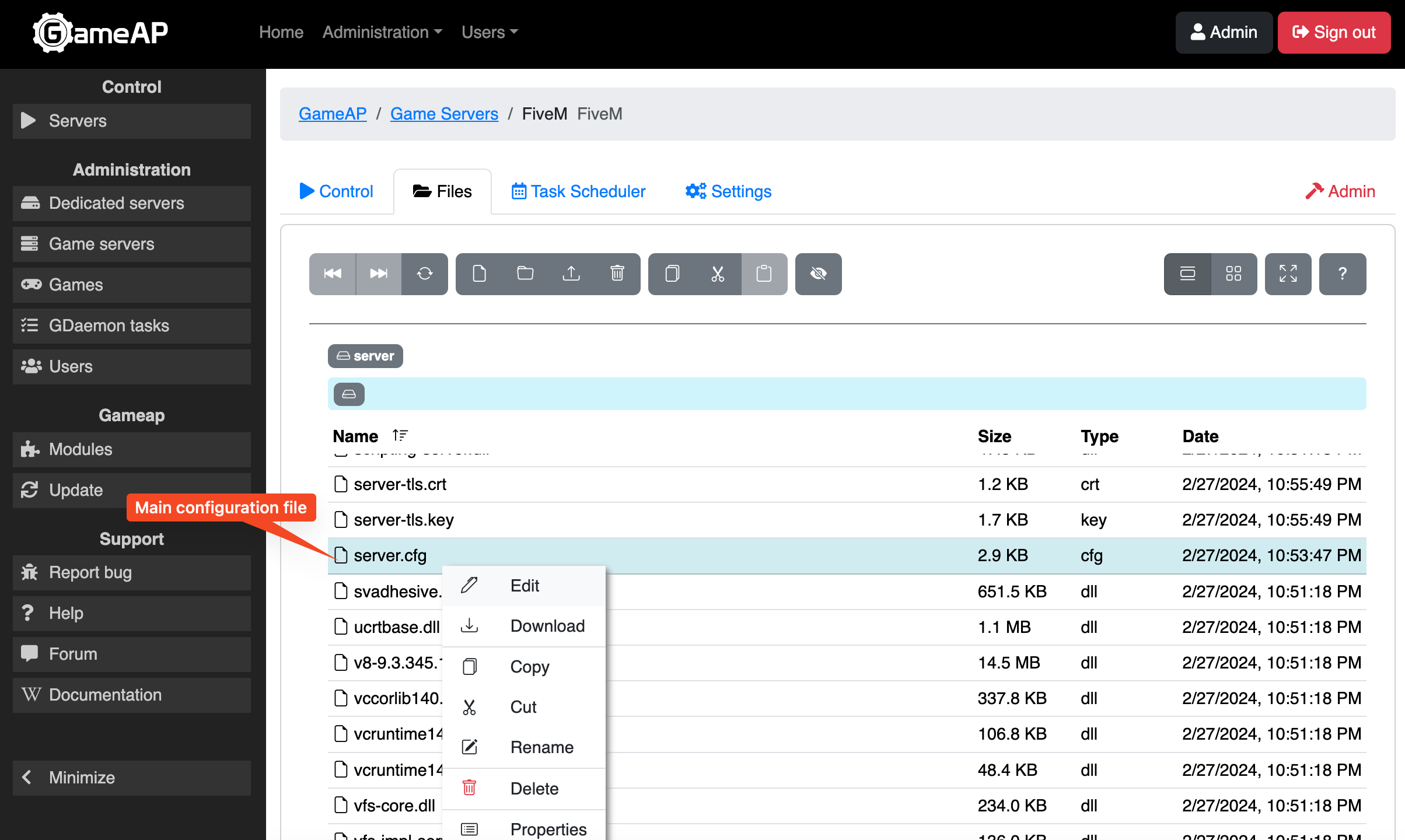 FiveM server configuration file in the file manager