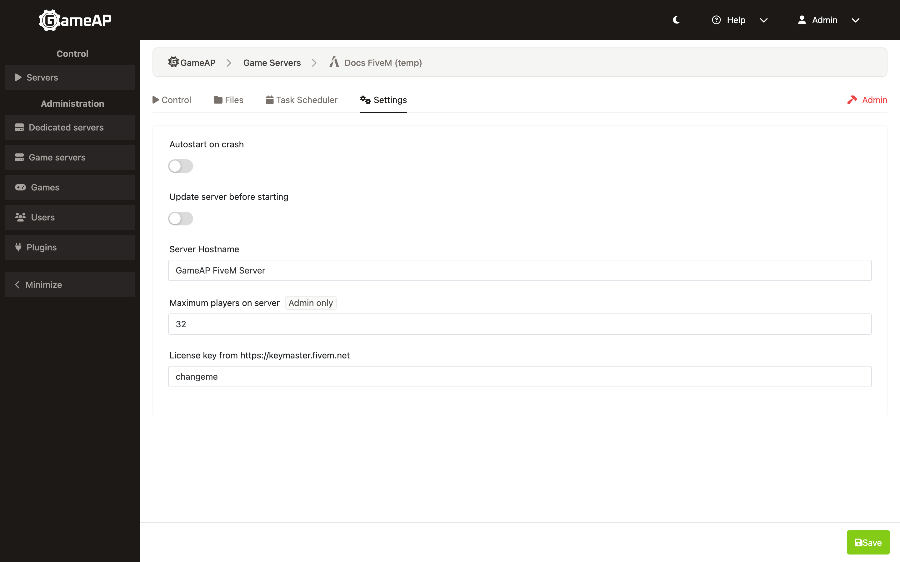 FiveM key field in the game server settings