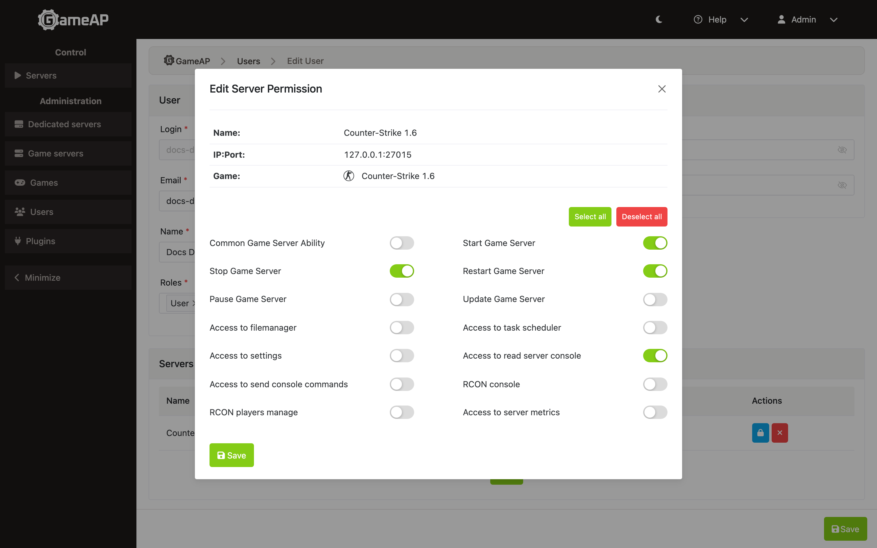 The Edit Server Permission window: the server details and the switches for every game server permission