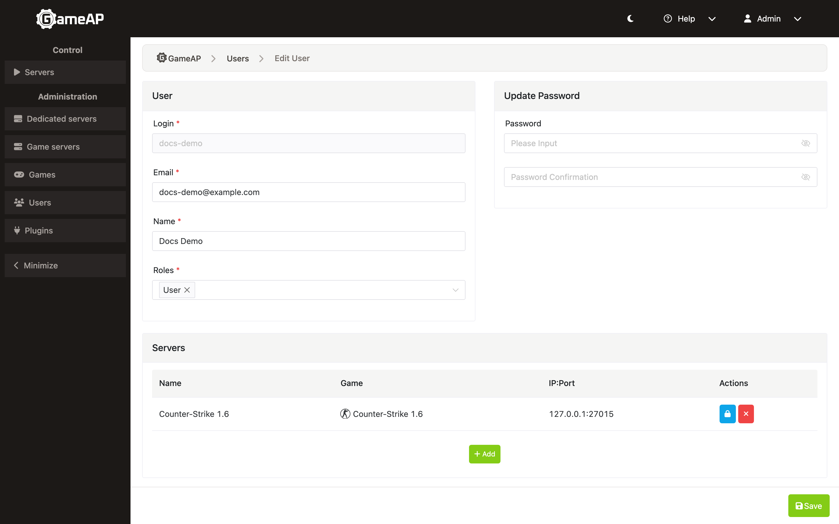 The user edit page: the Roles field and the Servers block with one attached game server and the Add button